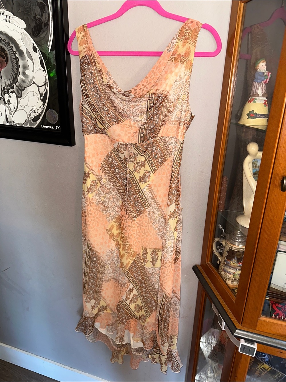 B. Smart Peach and Brown Paisley Print Sleeveless Midi Dress